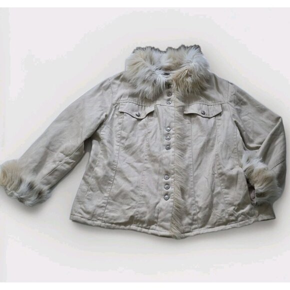Vtg Faded Glory Trucker Jacket Women 1X Sand Faux Fur Pockets Quilted Lining Y2K - Picture 8 of 16